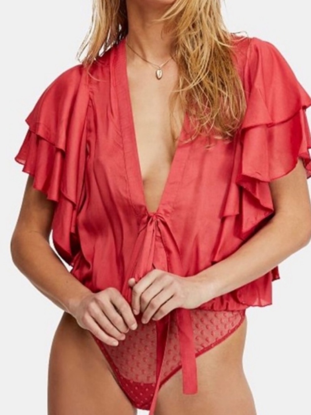 Free People Intimately Call Me Later Red Ruffle Sleeve Bodysuit Size S